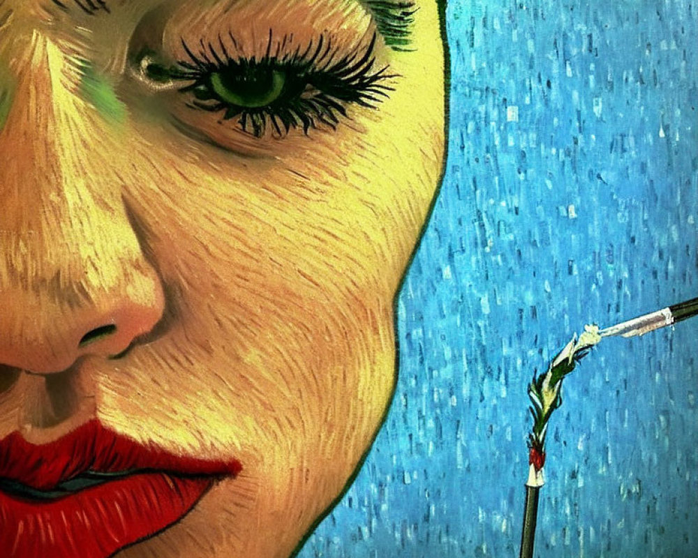 Colorful painting of woman's face with green eyes and red lips in close-up view