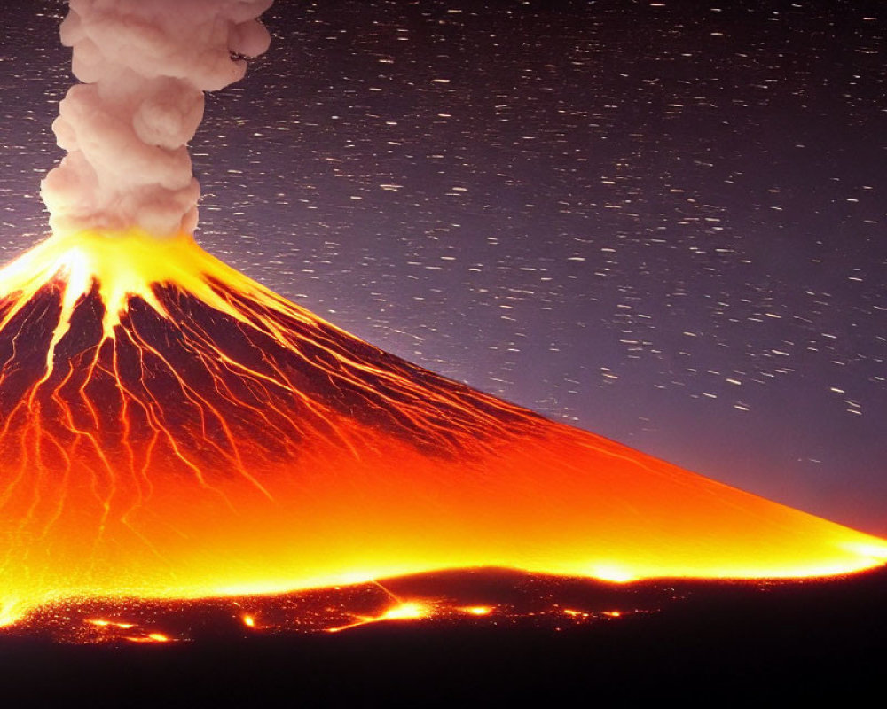 Nighttime volcano eruption with fiery lava and ash contrast against dark sky