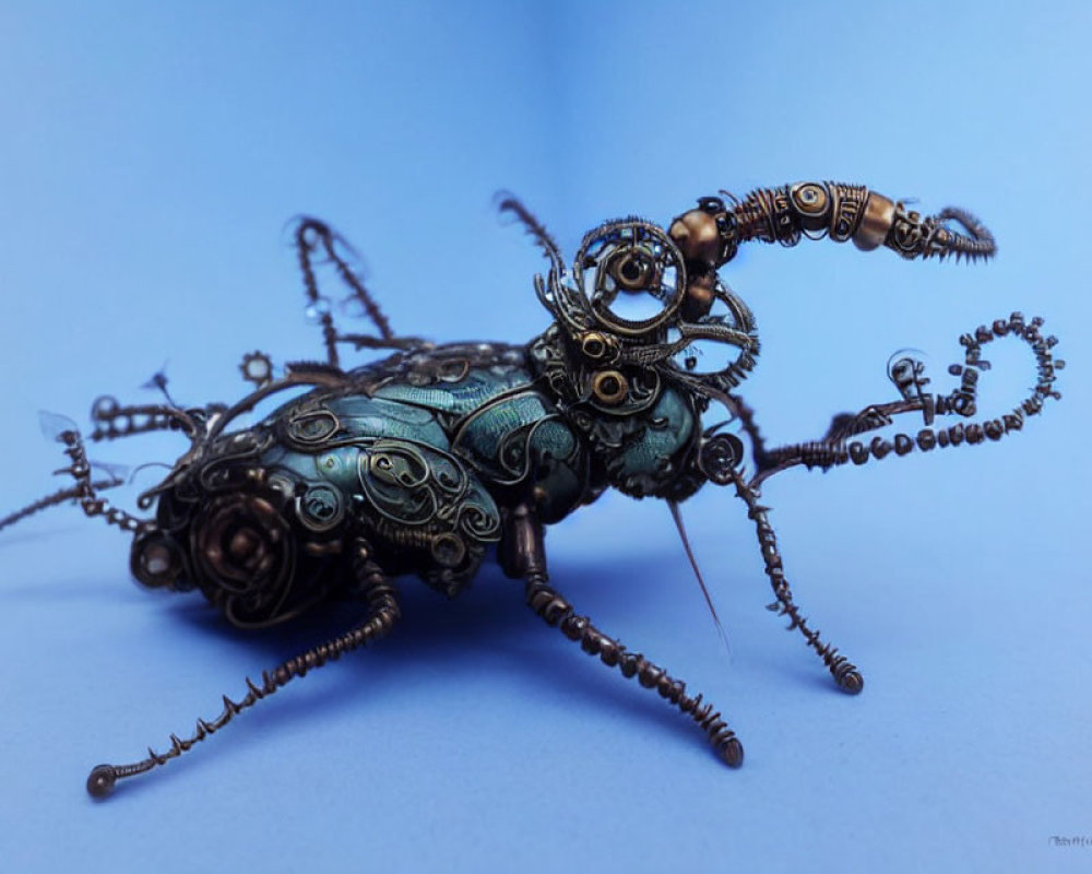 Steampunk-style mechanical ant sculpture with gears on blue background