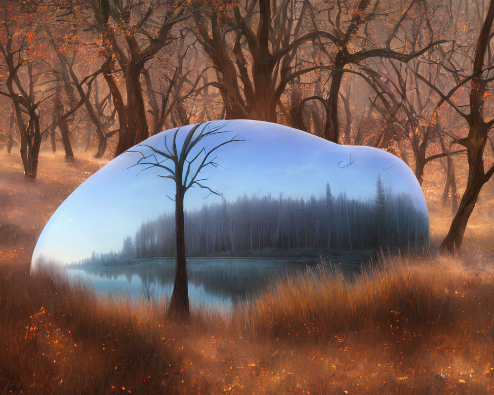 Reflective dome capturing tranquil autumnal forest scene