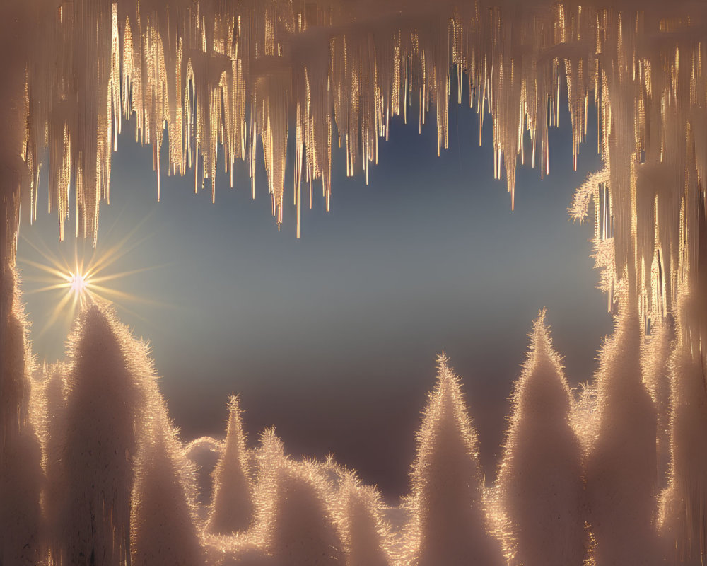 Winter sunrise scene with icicles, snow-covered fir trees, and warm golden light.