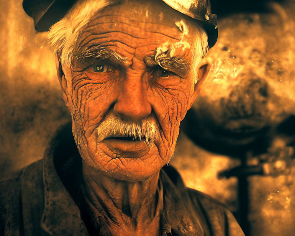Elderly man with deep wrinkles wearing miner's helmet and soot on face