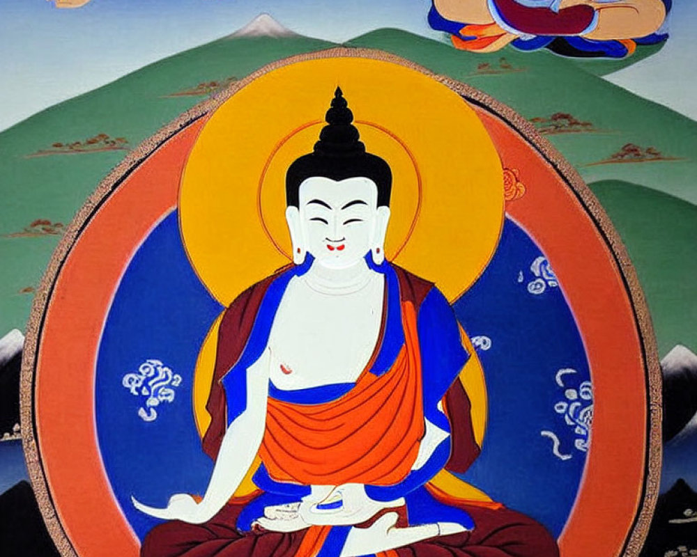 Colorful Thangka Painting: Buddha in Meditation with Halo, Mountains, and Figures