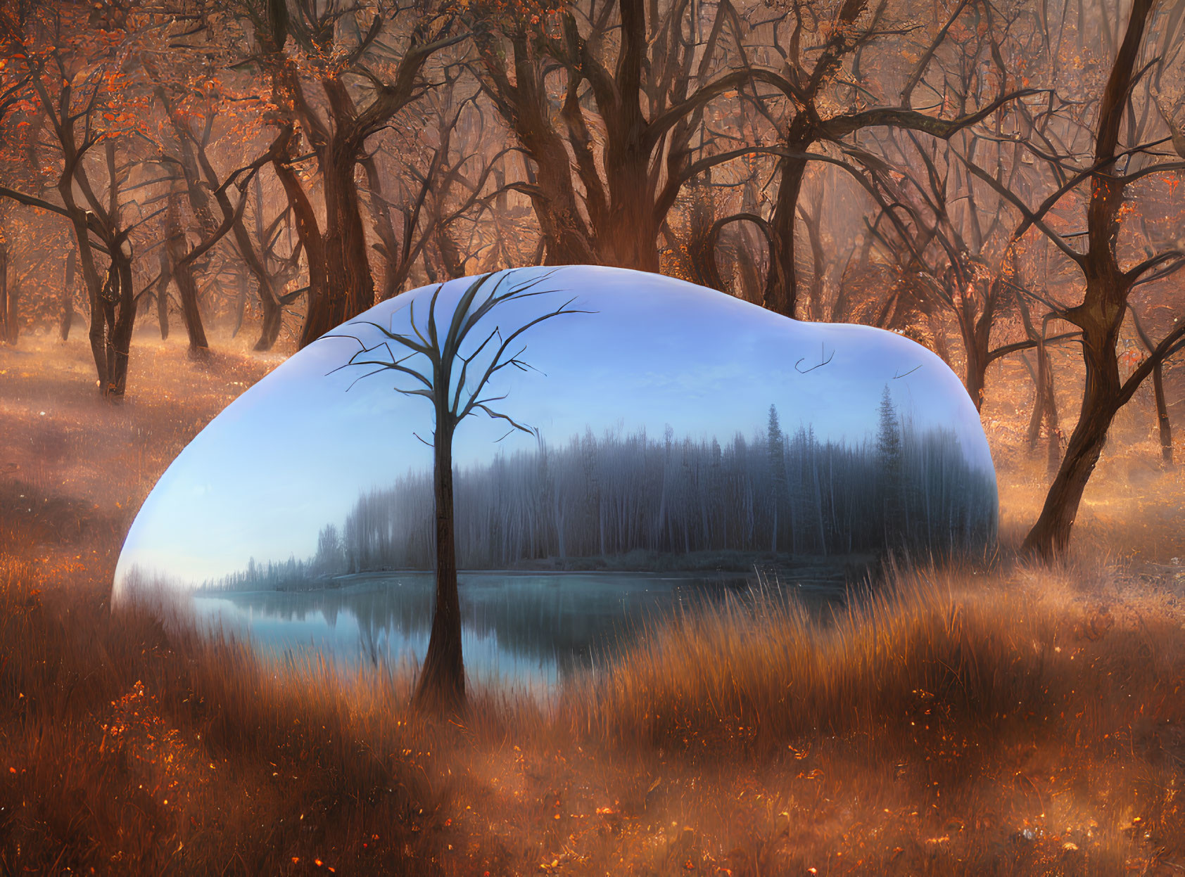 Reflective dome capturing tranquil autumnal forest scene