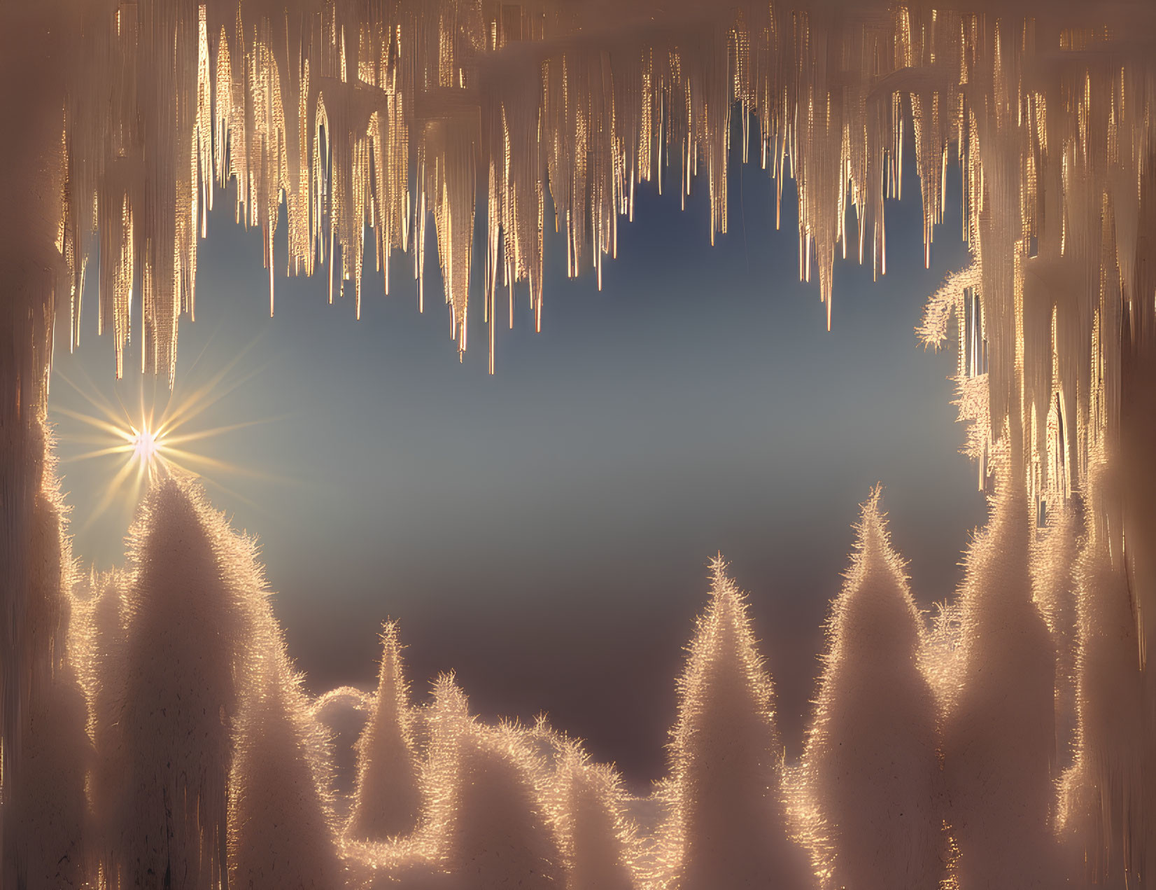 Winter sunrise scene with icicles, snow-covered fir trees, and warm golden light.