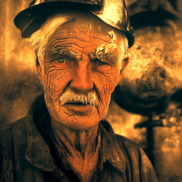Elderly man with deep wrinkles wearing miner's helmet and soot on face