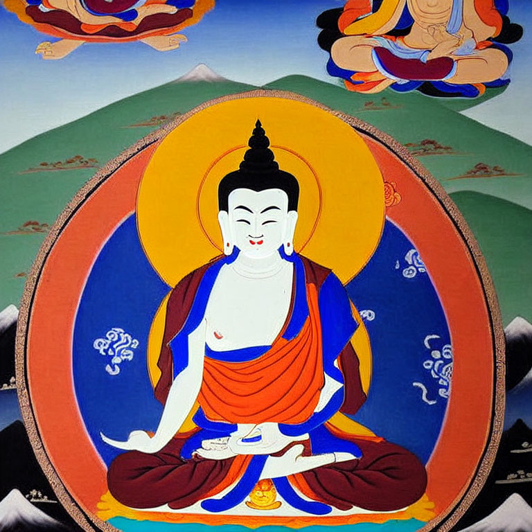Colorful Thangka Painting: Buddha in Meditation with Halo, Mountains, and Figures