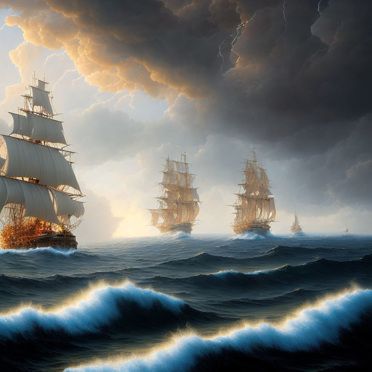 Three tall ships in stormy sea under dramatic sky with lightning