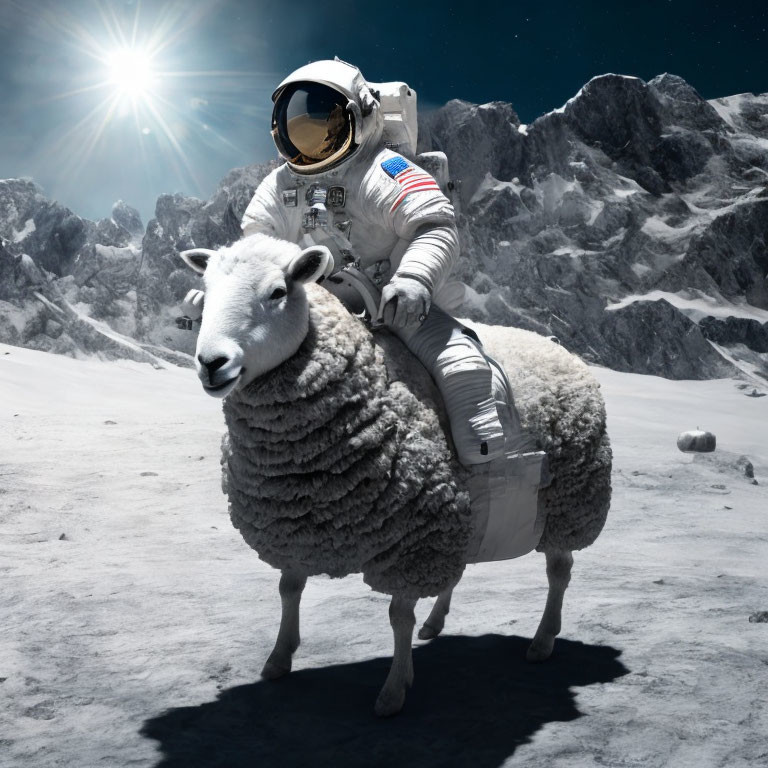 Astronaut riding sheep on lunar surface with mountains and bright sun