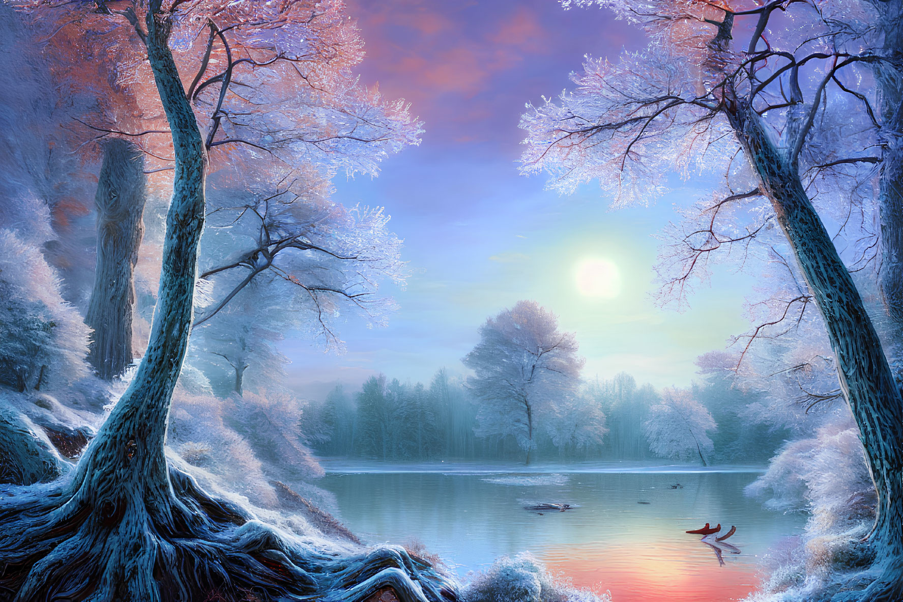 Tranquil winter landscape with frost-covered trees and serene lake