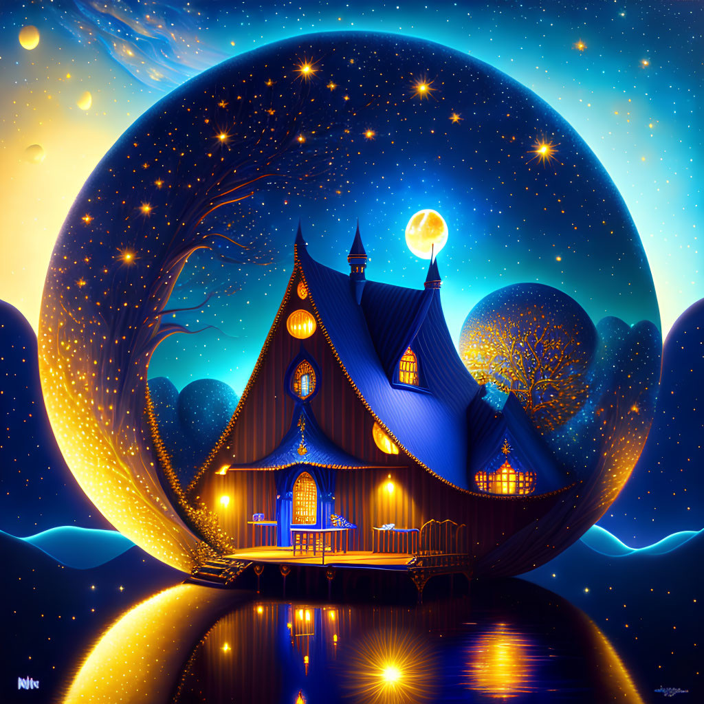 Whimsical house illustration under starry night sky in circular frame