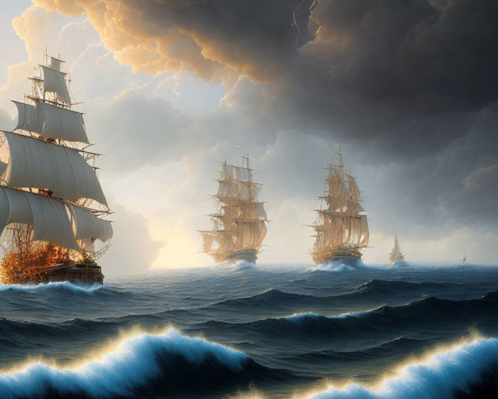 Three tall ships in stormy sea under dramatic sky with lightning