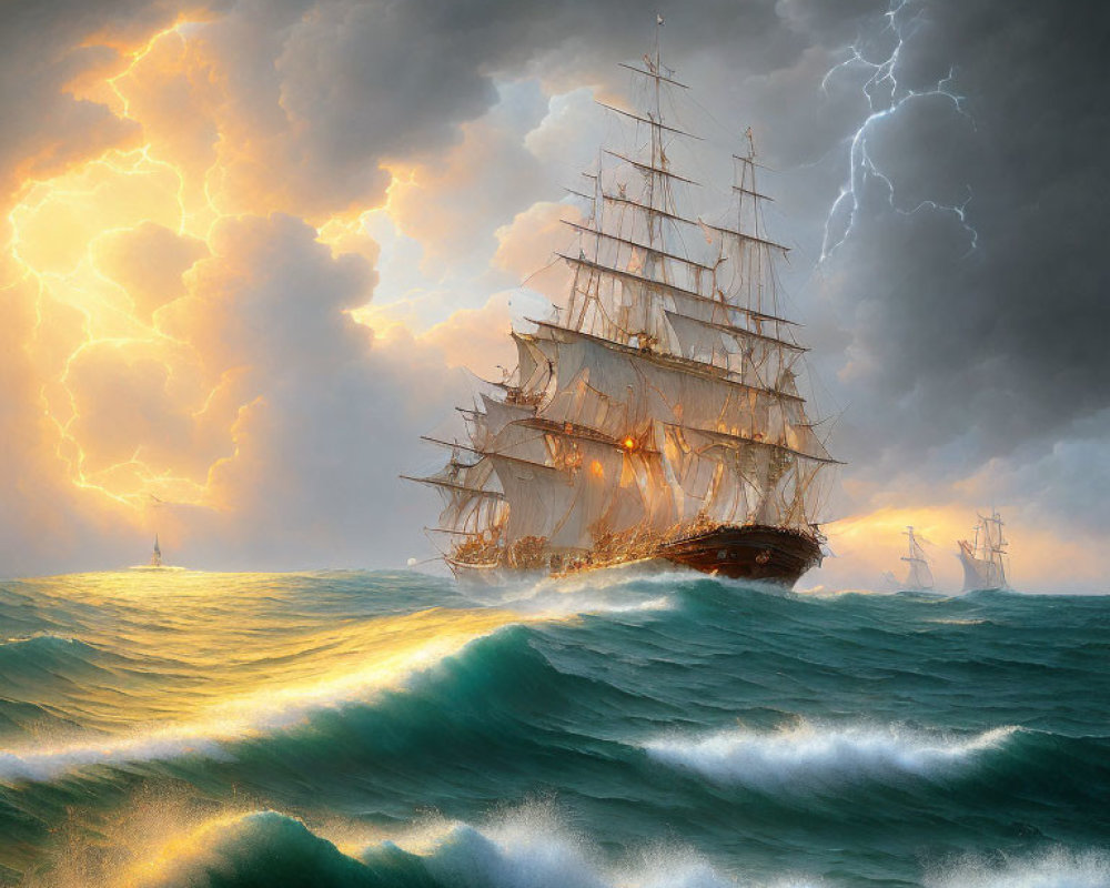 Sailing ship in stormy seas with lightning and distant vessels
