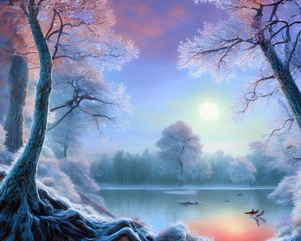 Tranquil winter landscape with frost-covered trees and serene lake