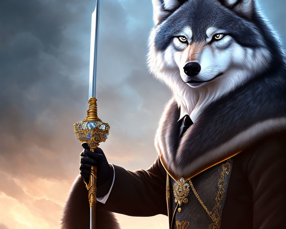 Anthropomorphic wolf in decorated jacket with sword against dramatic sky.