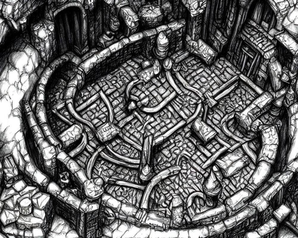 Detailed black and white sketch of circular underground labyrinth with twisting pathways and staircases, exuding ancient mystery
