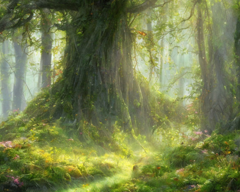 Sunlit forest with moss-covered tree, ethereal light rays, mist, fog, lush greenery