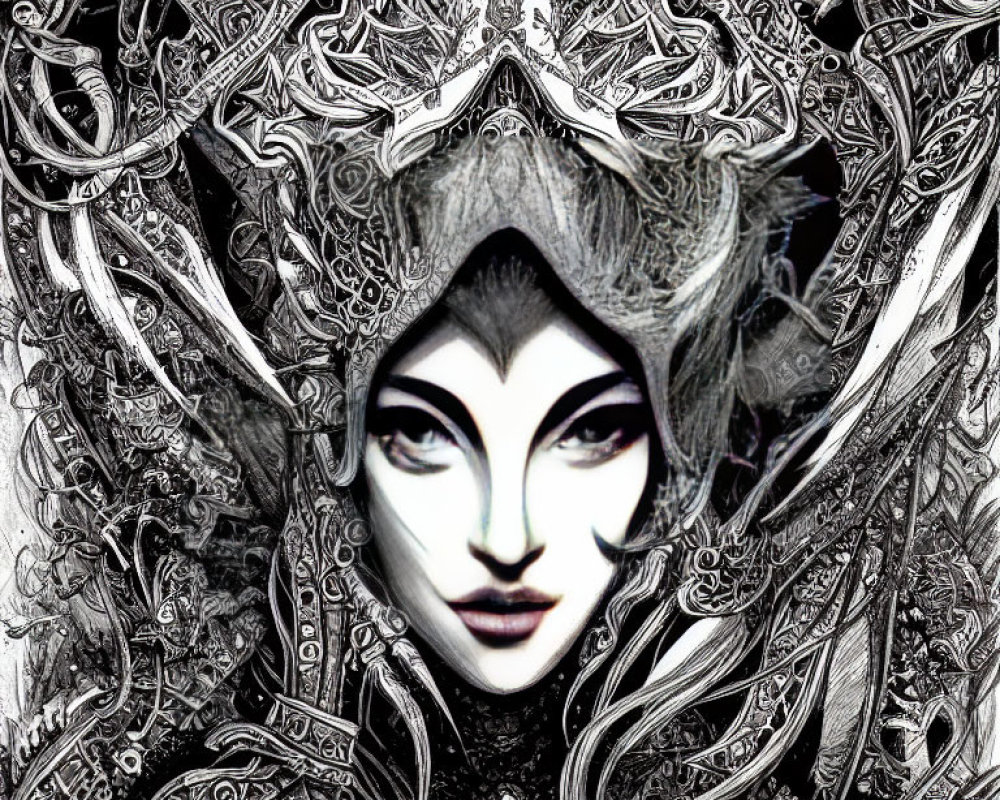 Monochrome illustration of stylized woman's face with intricate metallic filigree patterns
