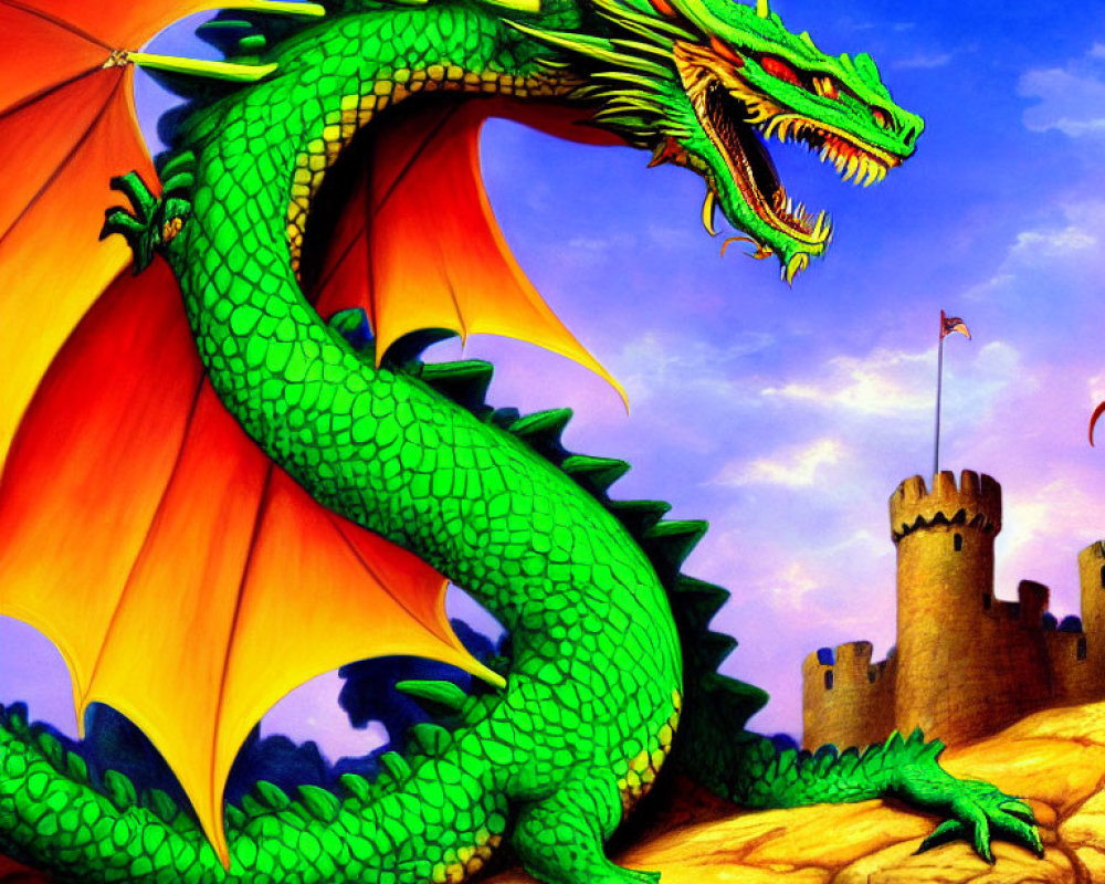 Green dragon with expansive wings in rocky landscape with castle and blue sky