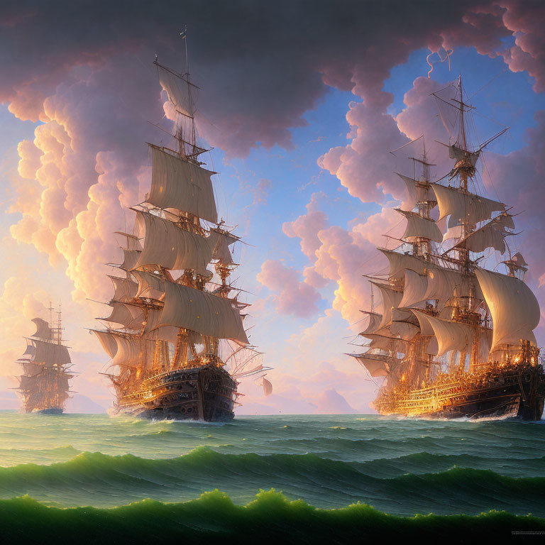 Majestic tall ships sail on glowing sea under dramatic sky