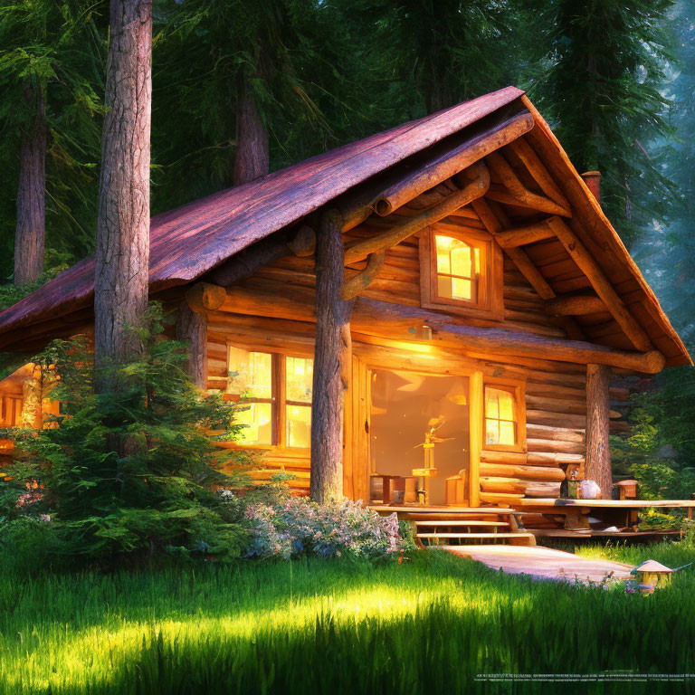 Cozy wooden cabin in lush forest setting