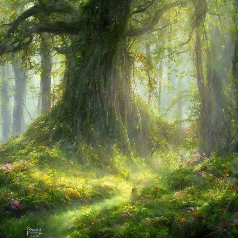 Sunlit forest with moss-covered tree, ethereal light rays, mist, fog, lush greenery