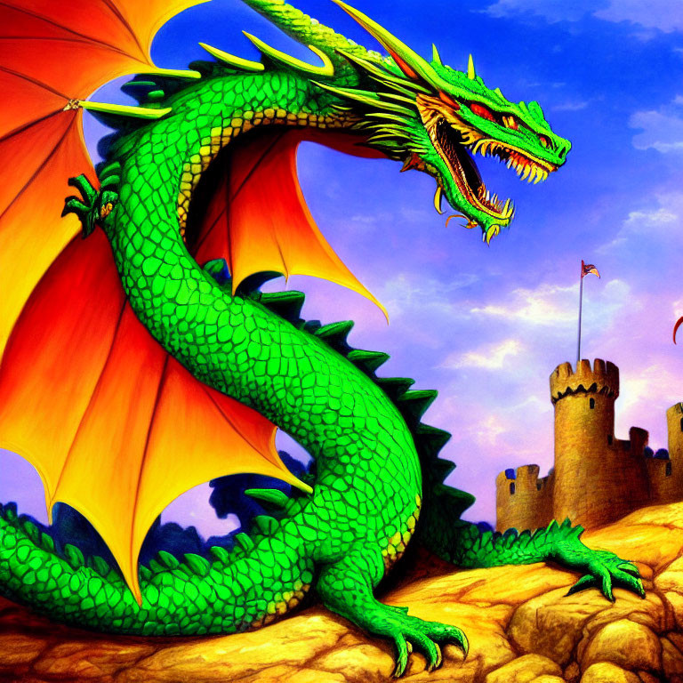 Green dragon with expansive wings in rocky landscape with castle and blue sky