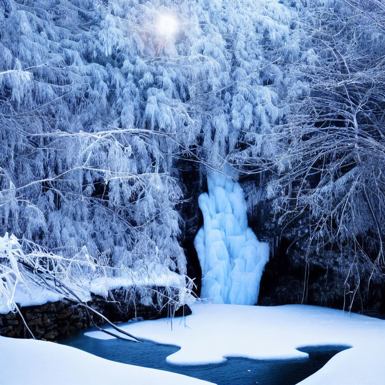 Frozen Waterfall and Ice-Covered Trees in Winter Twilight