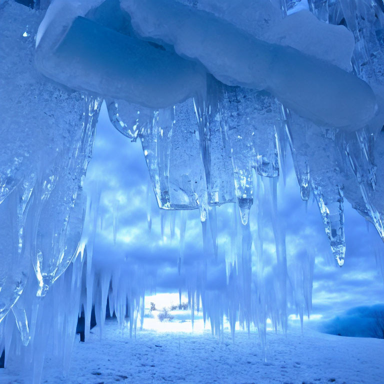 Blue-toned wintry landscape with ice formations and icicles under cloudy sky