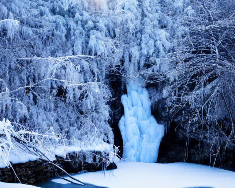 Frozen Waterfall and Ice-Covered Trees in Winter Twilight