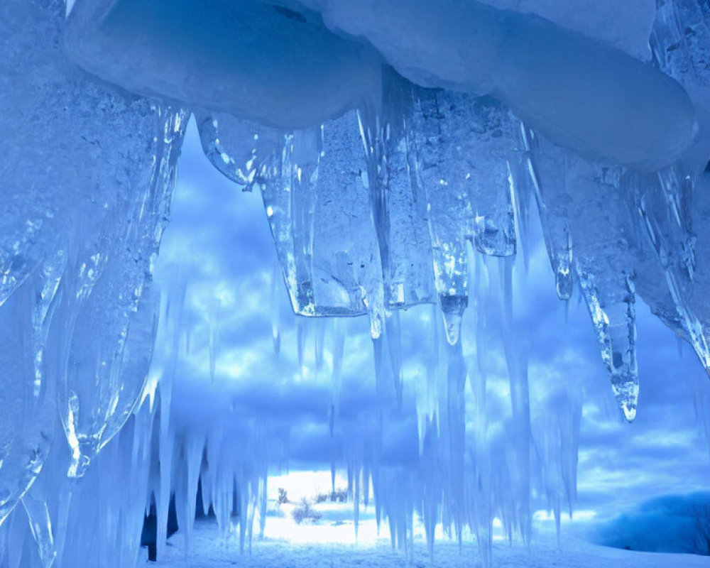 Blue-toned wintry landscape with ice formations and icicles under cloudy sky