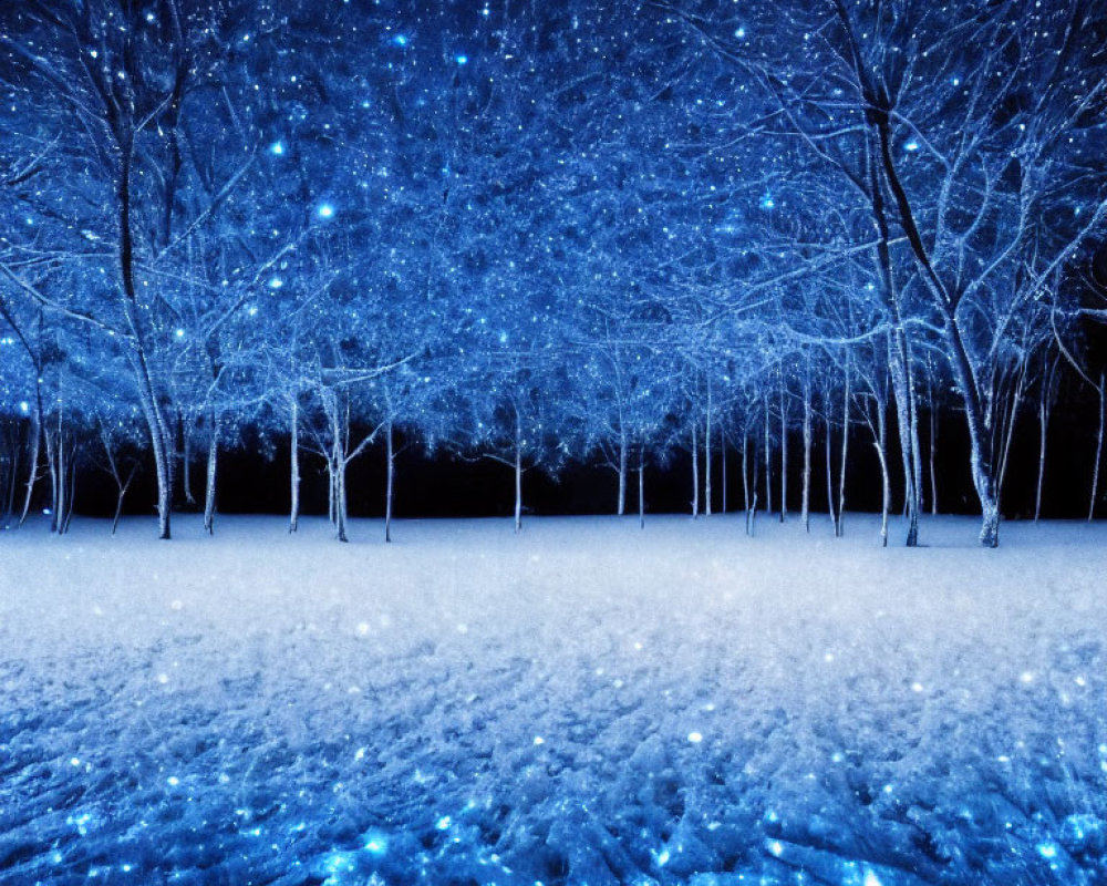 Blue-toned mystical forest with starry trees and sparkling ground.