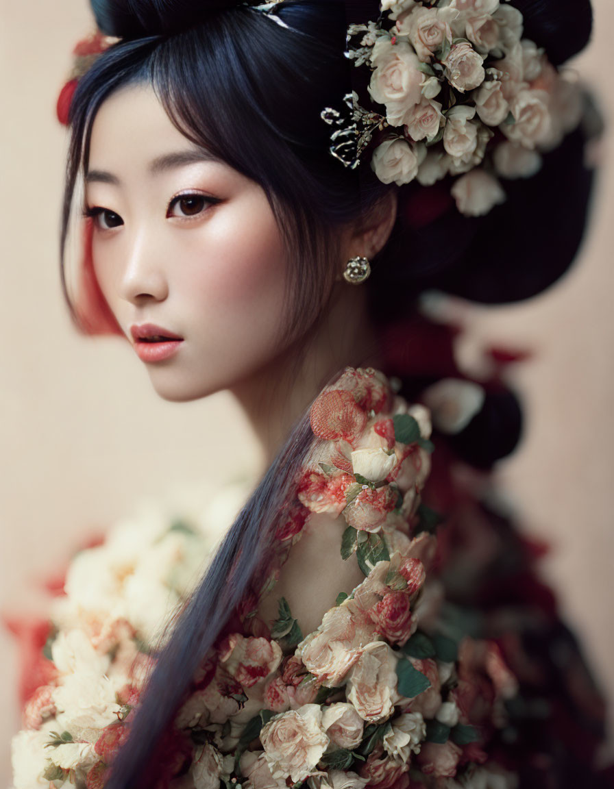 Traditional hairstyle woman adorned with flowers in floral dress