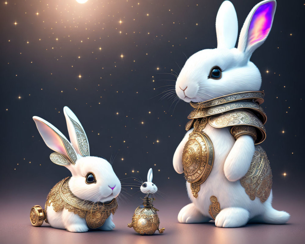 Two rabbits in golden armor under a starry sky, one large and one small, with a tiny