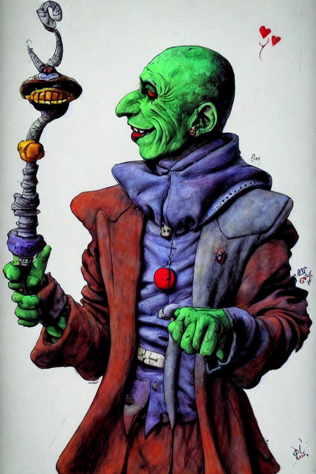 Green-skinned character in burgundy jacket holds skull-topped scepter