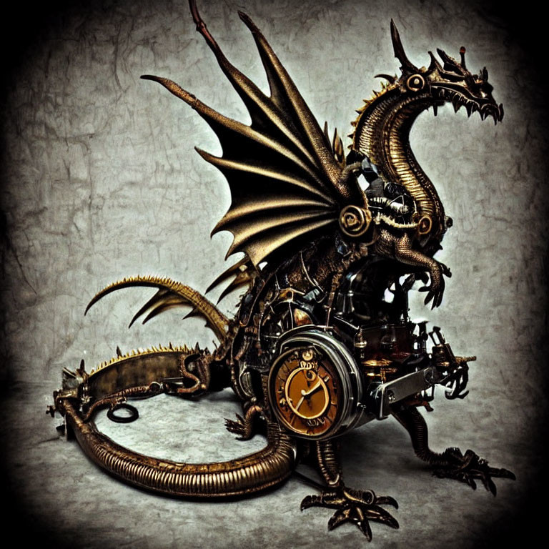 Intricate Steampunk Mechanical Dragon with Clock and Dual Heads