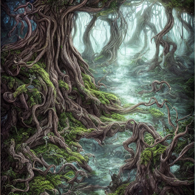 Enchanting forest scene with moss-covered trees and twisted roots