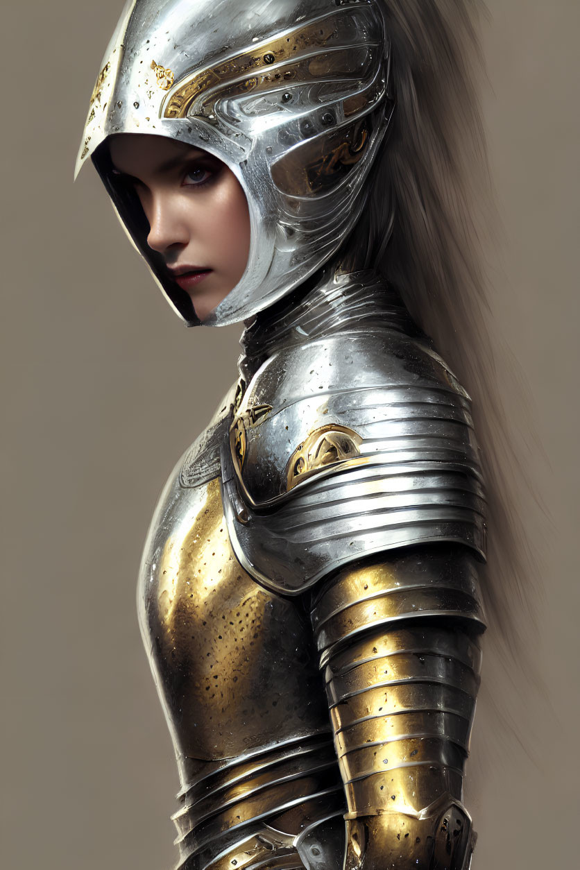 Woman in detailed medieval helmet and plate armor on neutral background