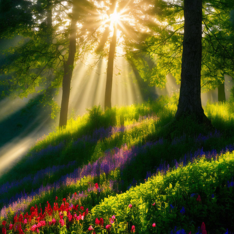 Sunlit forest with vibrant wildflowers on green hillside