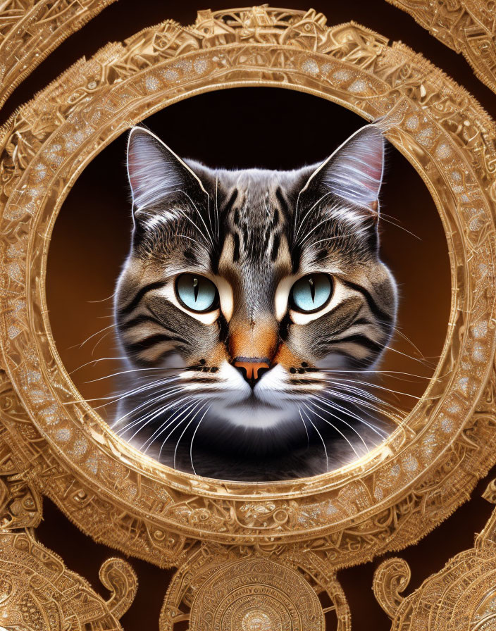 Tabby Cat's Face in Ornate Golden Circular Frame on Dark Background