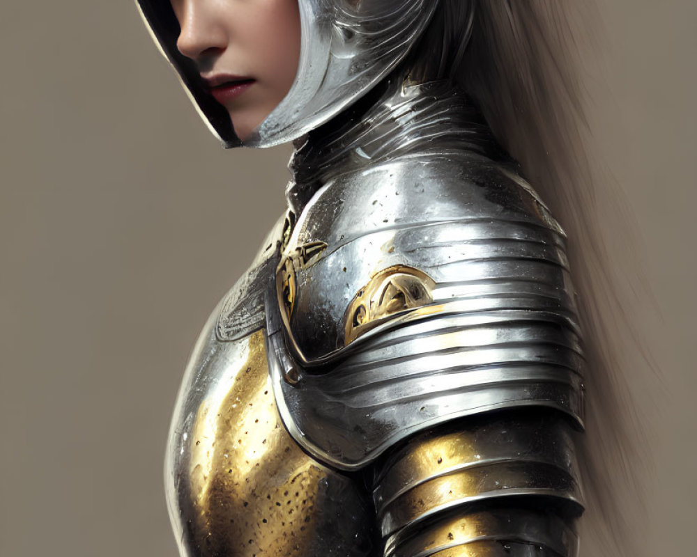 Woman in detailed medieval helmet and plate armor on neutral background