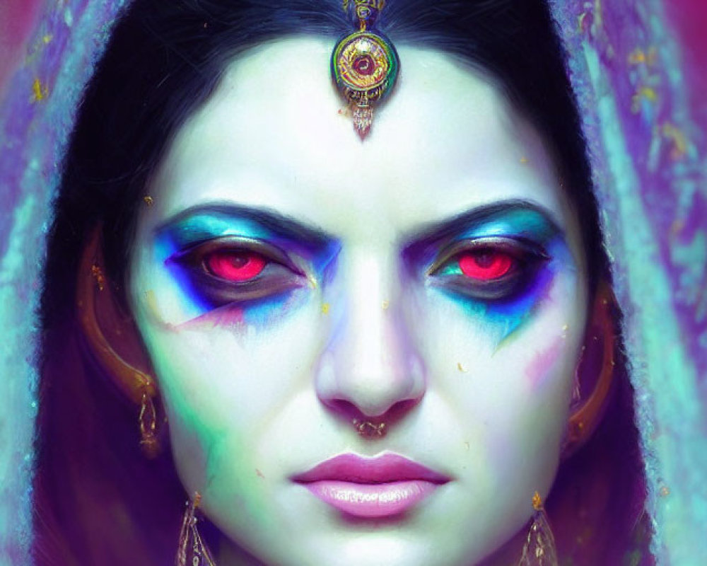 Vivid digital portrait of a mystical woman with blue and red eye makeup, jeweled forehead, and