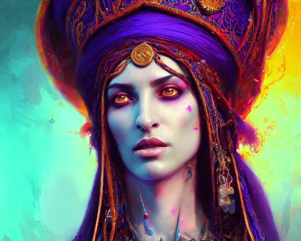 Vibrant digital portrait of a woman in purple turban and traditional jewelry