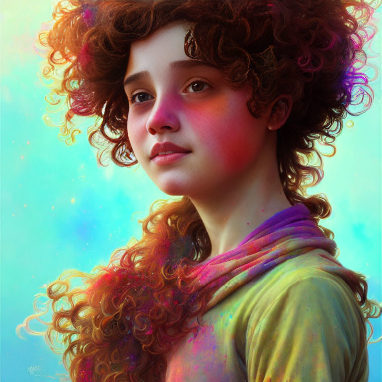 Digital portrait of young girl with curly auburn hair and vibrant scarf in warm light