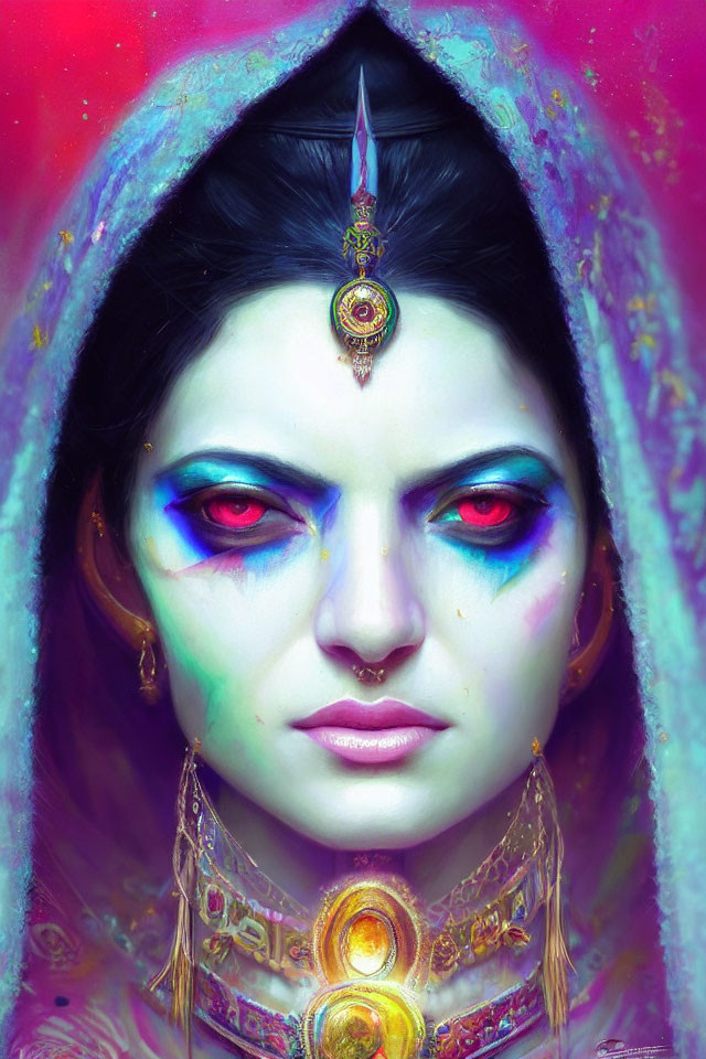 Vivid digital portrait of a mystical woman with blue and red eye makeup, jeweled forehead, and