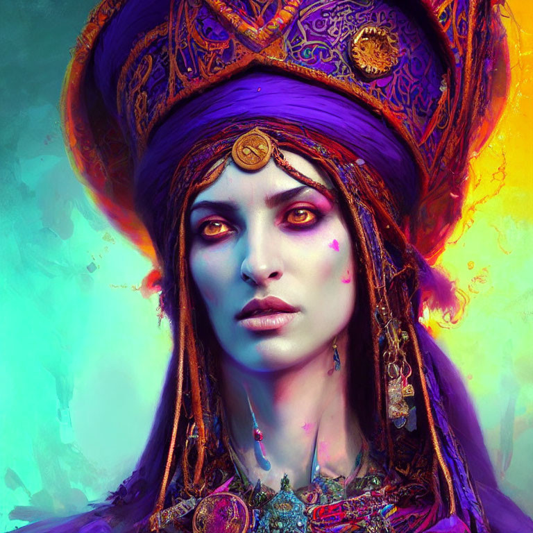 Vibrant digital portrait of a woman in purple turban and traditional jewelry