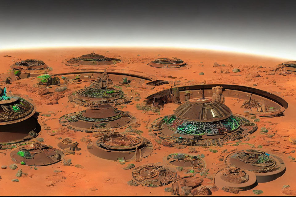 Futuristic Mars Colony with Dome Structures on Orange Terrain