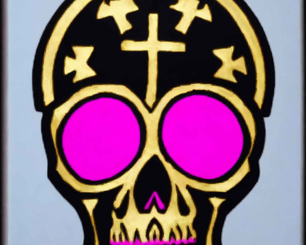 Stylized black skull with cross and pink eye sockets on light background