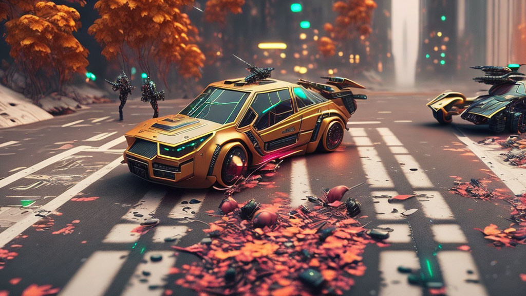 Golden futuristic car with glowing accents in urban setting with robots and flying vehicle