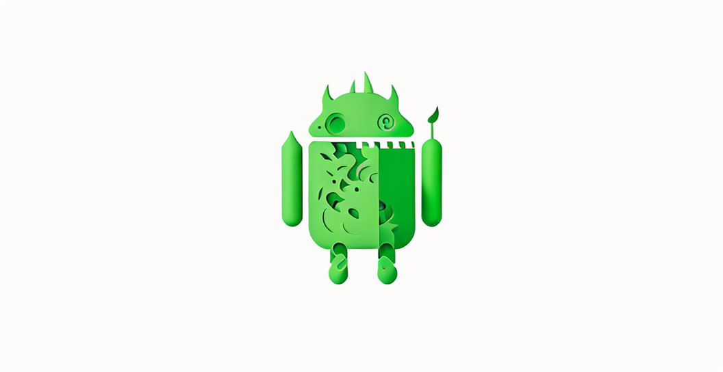 Green devilish android figure with horns and tail on white background